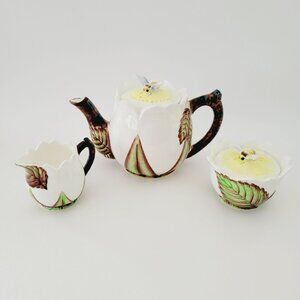 Lefton Bee Line Teapot, Creamer & Sugar Bowl, Yellow Bee Lid, c.1953-71 Japan